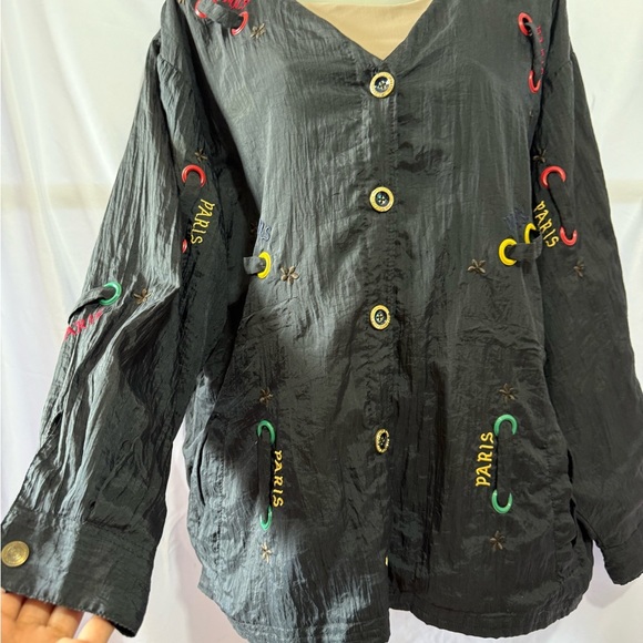 Boutique Tops - Vintage Boutique Paris Embroidered Jacket – Black Crinkle Button Front